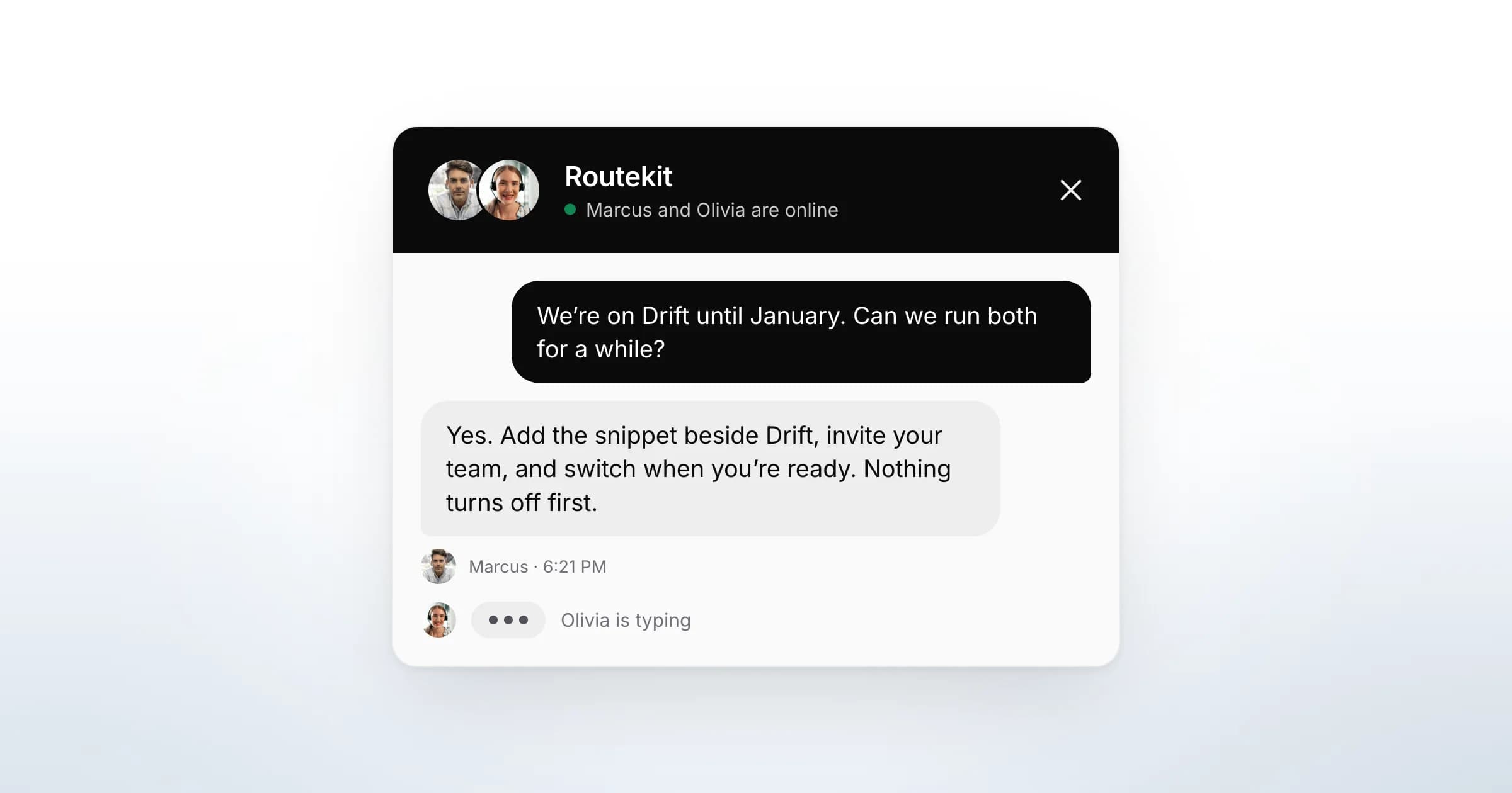 A B2B site's chat widget with Marcus and Olivia online. The visitor asks whether they can run Drift and GreetDock together until January; Marcus answers that nothing turns off first, and Olivia is typing.