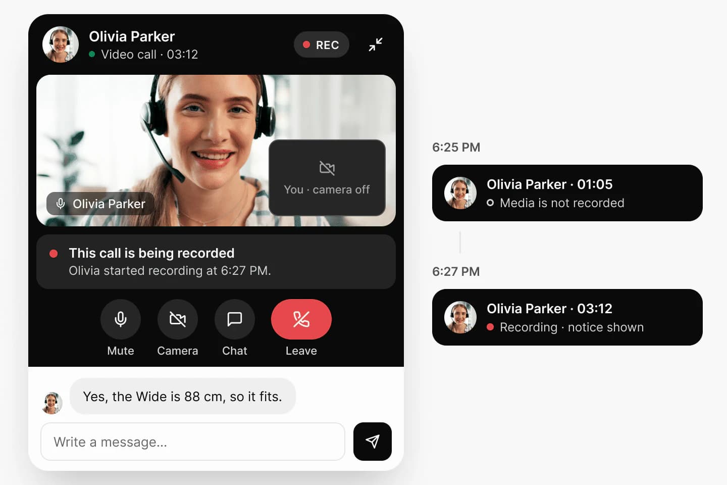 Olivia Parker's video call in the widget marked REC, with the notice 'This call is being recorded. Olivia started recording at 6:27 PM.', the visitor's camera off, and the call log moving from 'Media is not recorded' to 'Recording · notice shown'.