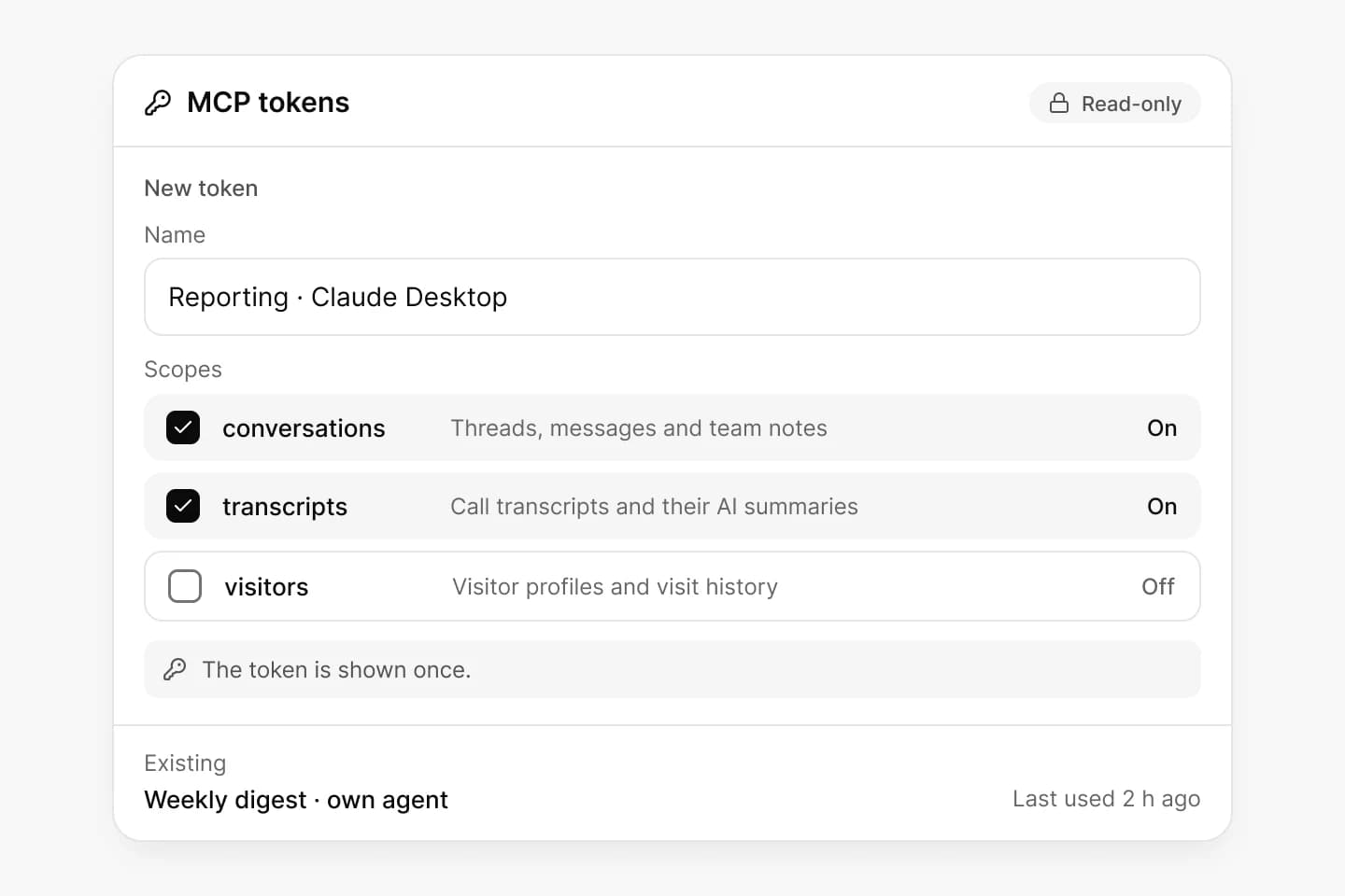 The read-only MCP tokens screen: a new token named 'Reporting · Claude Desktop' with conversations and transcripts on, visitors off, and the note 'The token is shown once.'