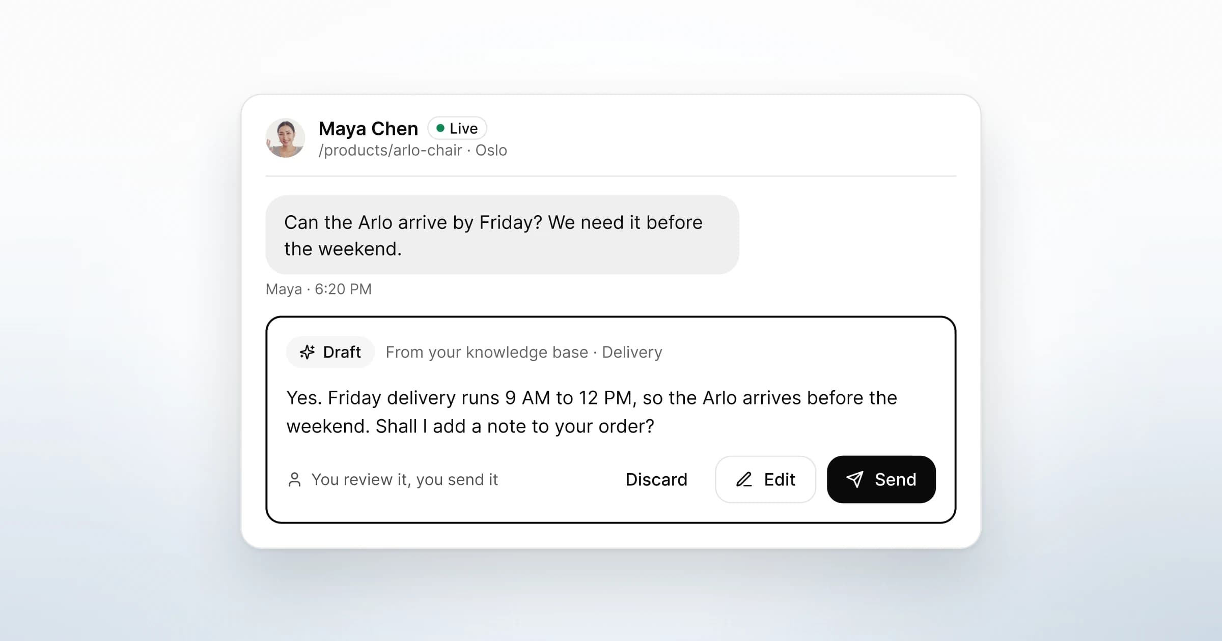 Maya Chen asks from the Arlo chair page whether it can arrive by Friday, and a reply drafted from the knowledge base waits for a person to discard, edit or send.