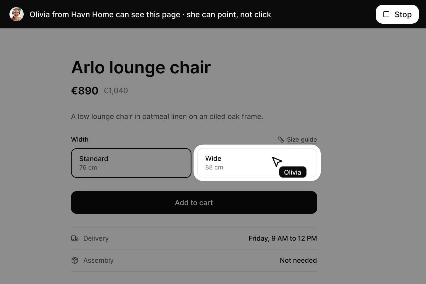 The Arlo lounge chair page during co-browsing, with a bar at the top saying Olivia can see this page, a Stop button, and Olivia's labelled pointer on the Wide, 88 cm option.