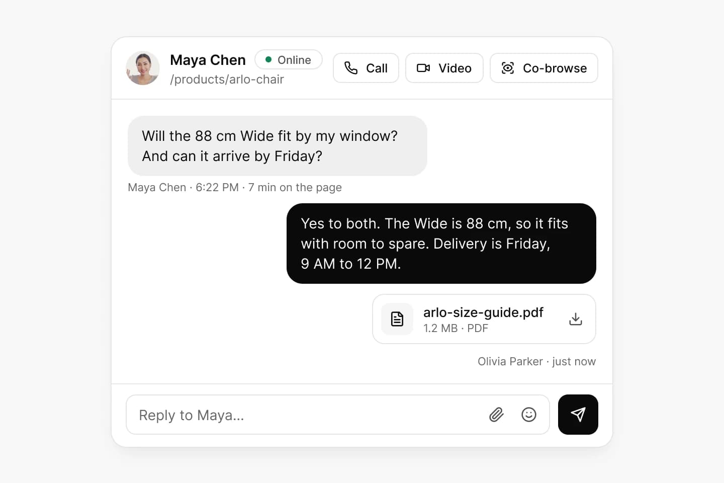 Maya Chen on /products/arlo-chair asks whether the 88 cm Wide fits by her window and can arrive by Friday; Olivia replies with the width and Friday, 9 AM to 12 PM, and attaches arlo-size-guide.pdf.
