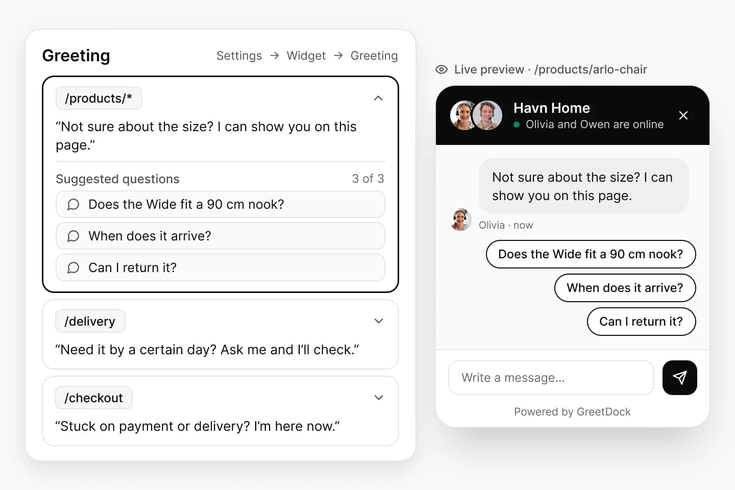 Greeting rules by page path, with the widget preview showing the product-page greeting and three suggested questions.
