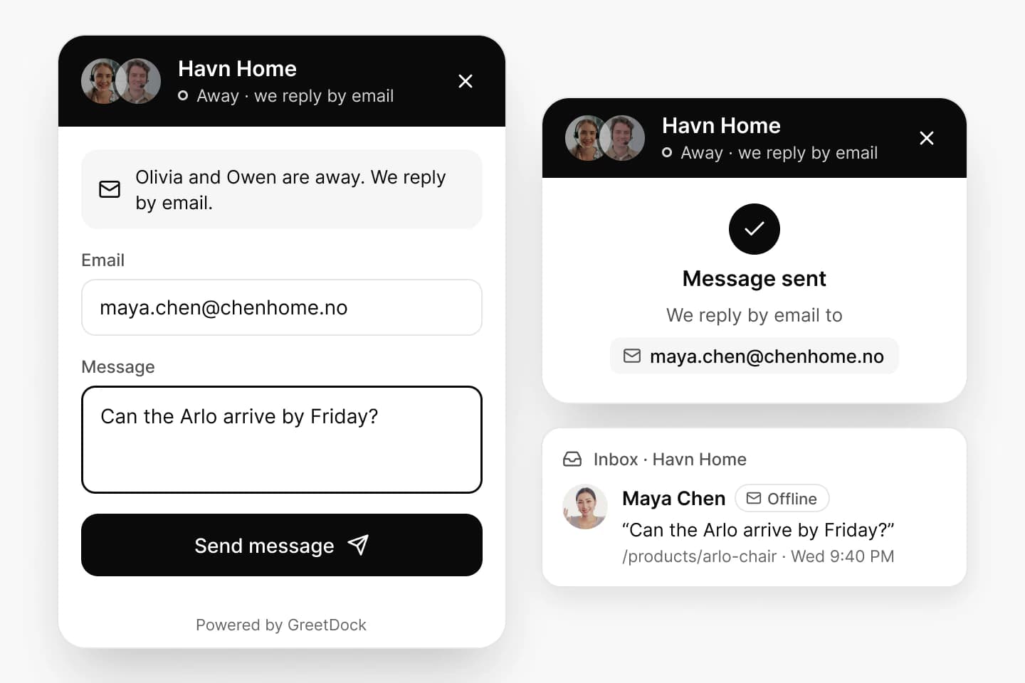The offline form saying the team is away and replies by email, the Message sent confirmation with the reply address, and the message arriving in the inbox marked Offline.