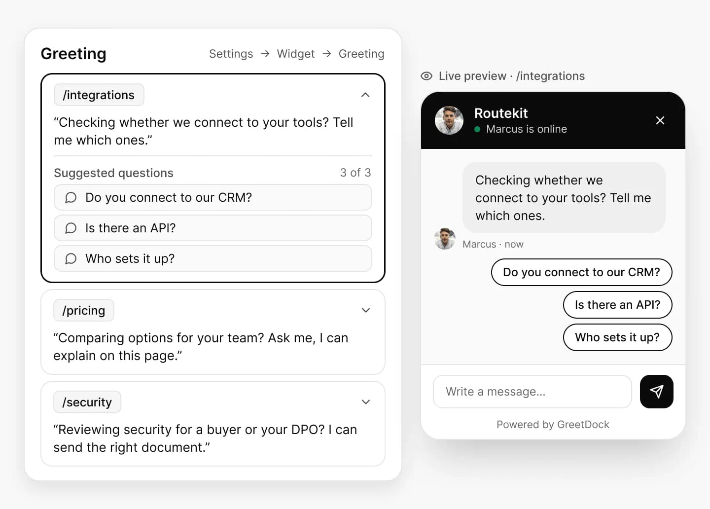 Greeting rules on a Routekit site for /integrations, /pricing and /security, with the integrations greeting and its three suggested questions shown in the widget preview.