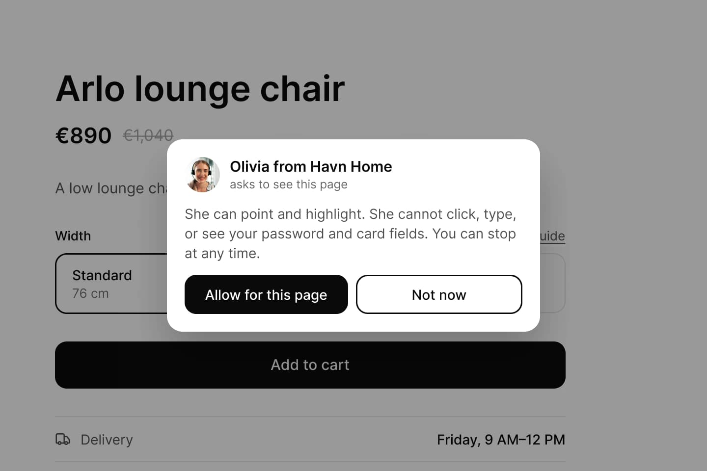 A consent request from Olivia at Havn Home on the Arlo lounge chair page, with Allow for this page and Not now at equal width.