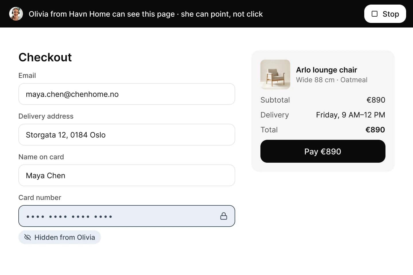 A shared checkout where Olivia sees the email and address, while the card number shows as dots marked Hidden from Olivia.