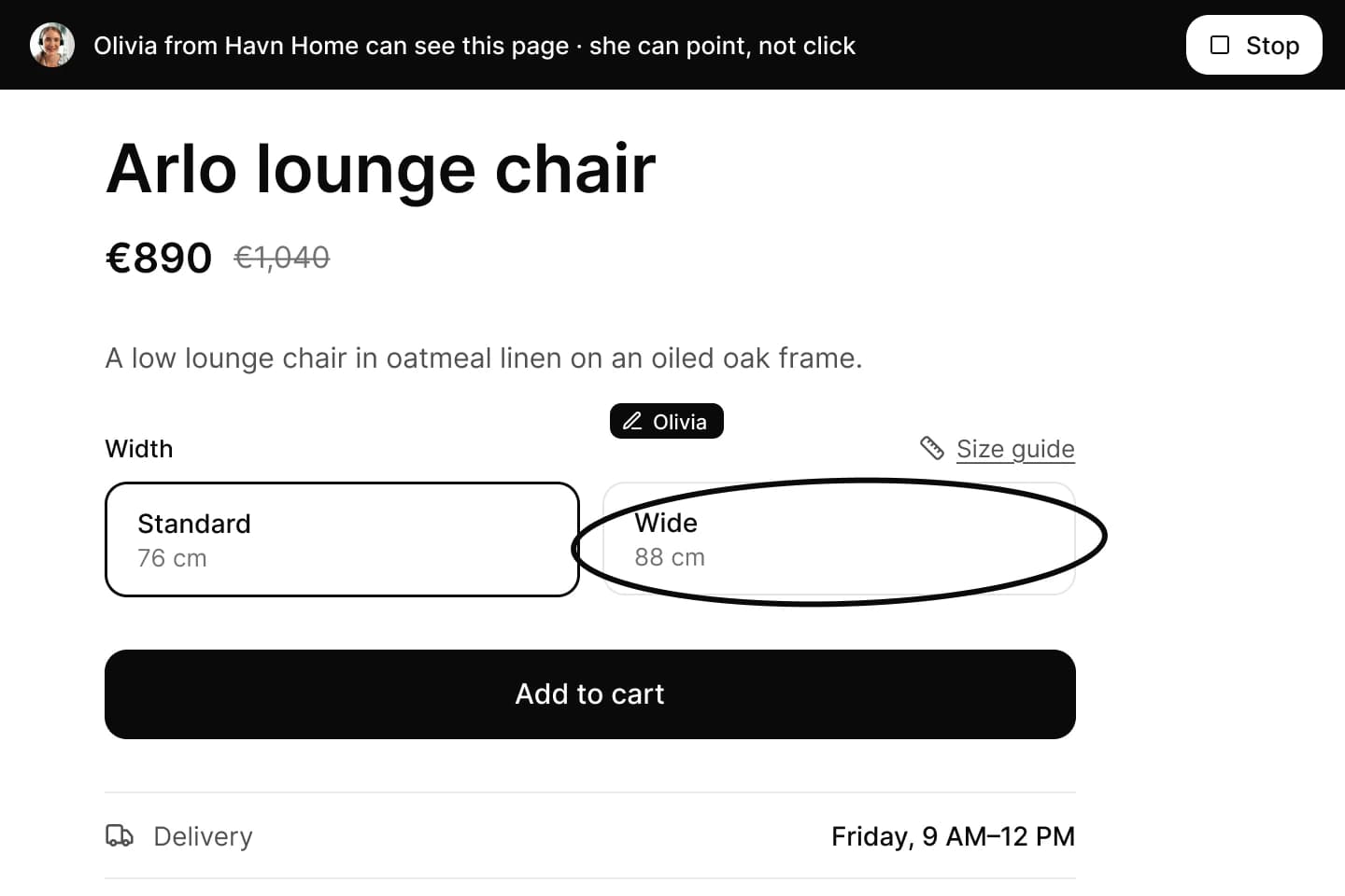 The visitor's view during co-browsing: a bar saying Olivia can see this page and can point, not click, with a Stop button, and Olivia's pen circling the Wide option.
