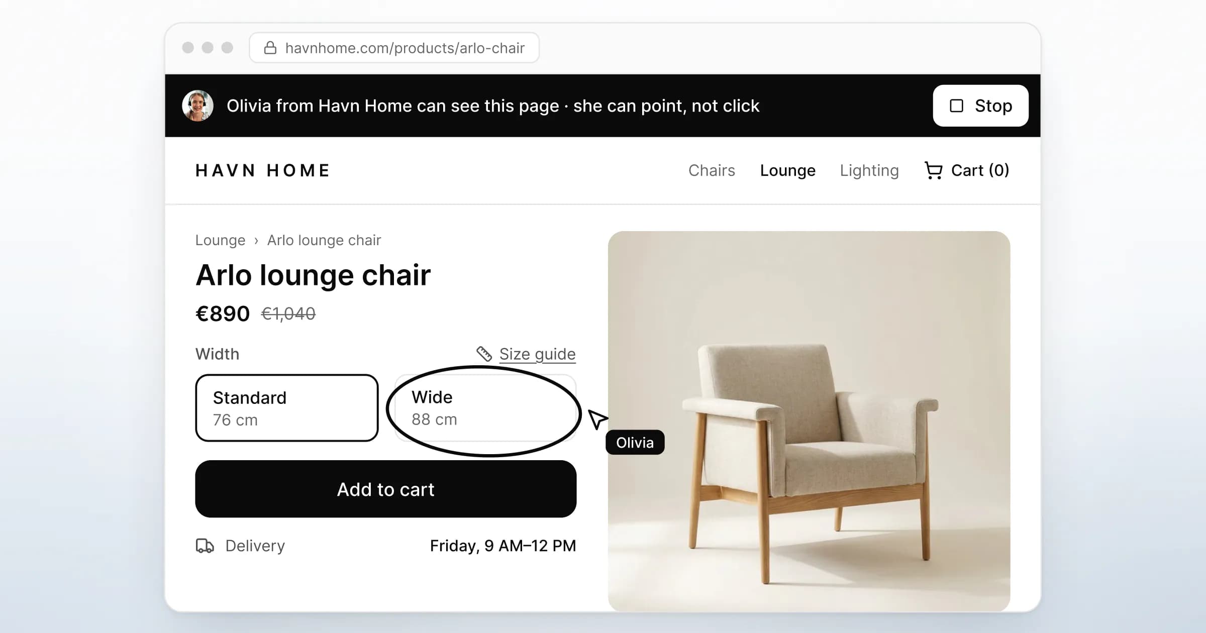 A Havn Home product page shared with Olivia: a bar at the top with Stop, her labelled pointer and a pen circle around the Wide option.