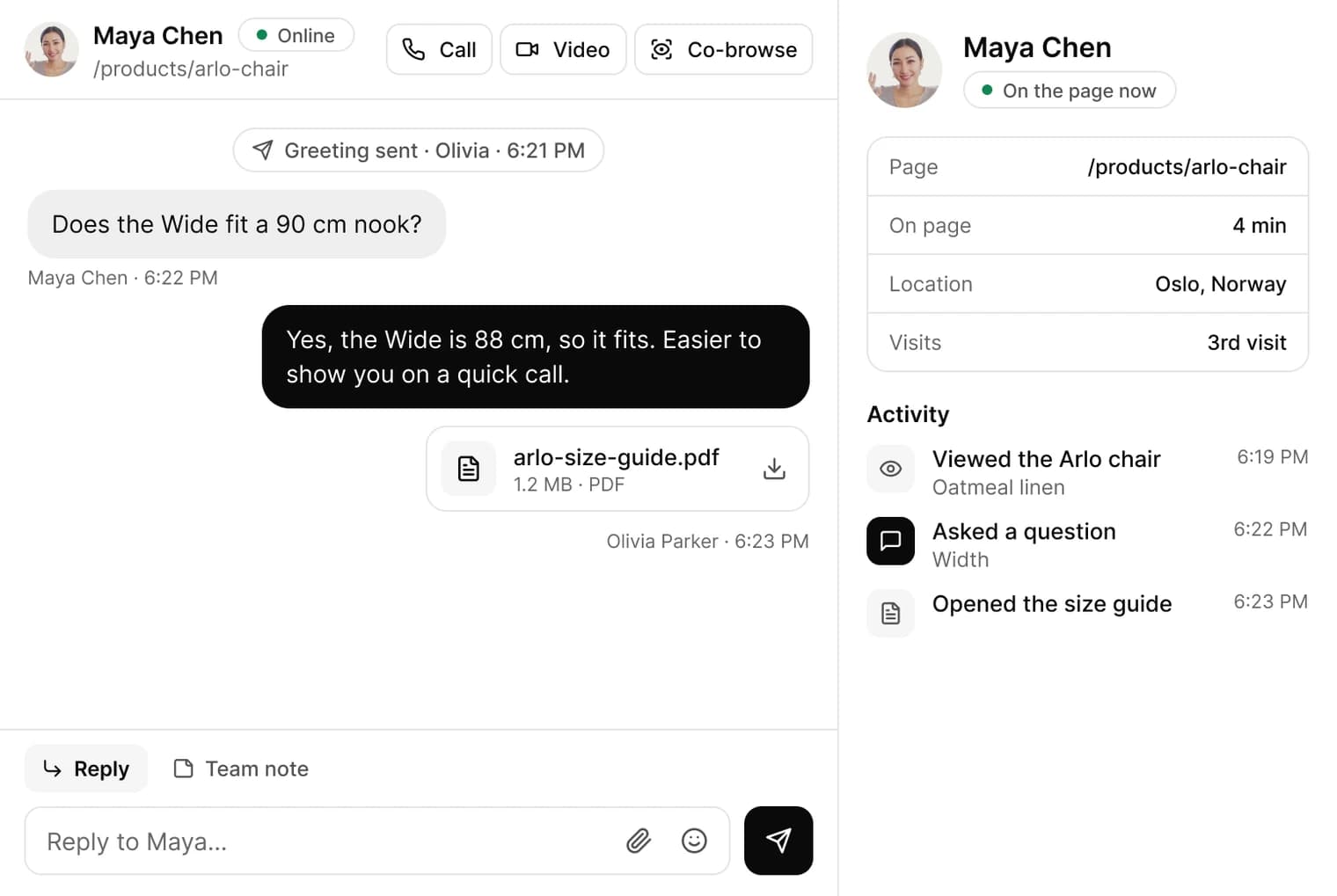 Maya Chen's thread in the team inbox: her question about the Wide from /products/arlo-chair, Olivia's reply with the size guide PDF, and her profile beside it with 4 minutes on the page, a third visit and her recent activity.