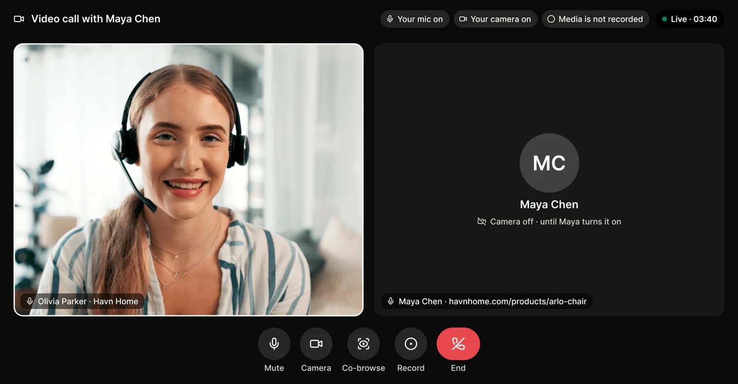 Olivia Parker on a video call with Maya Chen, started from the chat, with Maya's camera off.